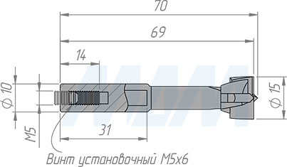 Размеры чашечного сверла, D=15мм, L=70мм, LH (артикул 12020270)