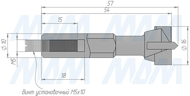 Размеры чашечного сверла, D=16мм, L=57мм, LH (артикул 12020357)