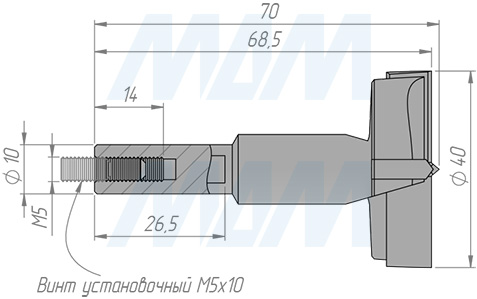Размеры чашечного сверла, D=40мм, L=70мм, LH серии Standard (артикул 12022370)