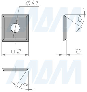 Размеры сменной квадратной твердосплавной четырехсторонней пластины 12x12x1.5мм 35° FK18 (артикул 121215-03)