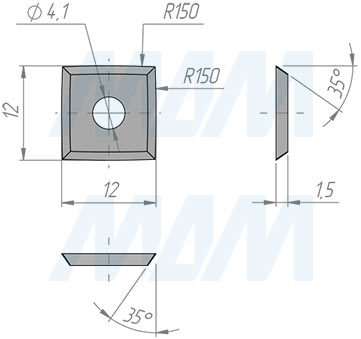 Размеры сменной твердосплавной пластины 12x12x1.5мм R=150, FK08 (артикул 121215R150-58)