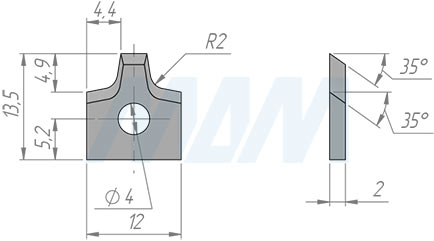 Размеры сменной твердосплавной пластины 12x13,5x2 R2 (артикул 121352R2-07)
