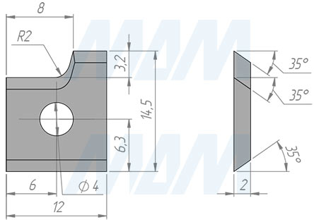 Размеры сменной твердосплавной пластины левой 12x14,5x2 R=2 (артикул 1214520R2L-07)