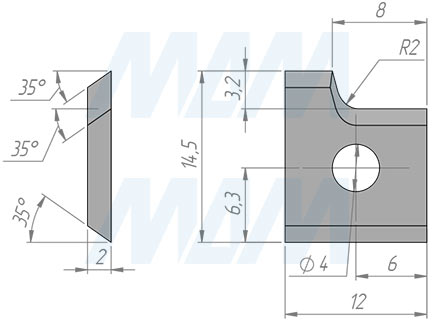 Размеры сменной твердосплавной пластины 12x14,5x2 R=2 (артикул 1214520R2R-07)