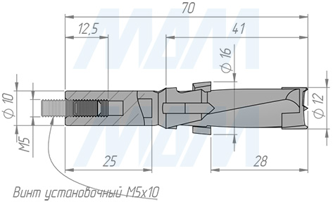 Размеры ступенчатого сверла, D1=12 mm, L1=30mm, D2=16 mm, L2=18mm, L=70mm, D=10 LH (артикул 123016187010L)