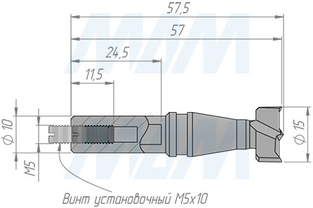 Размеры сверла чашечного D=15 мм, L=57 мм, RH серии Monolit (артикул 13010157)