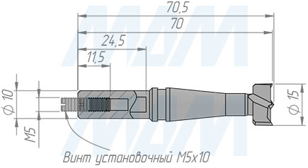 Размеры сверла чашечного D=15 мм, L=70 мм, RH серии Monolit (артикул 13010170)