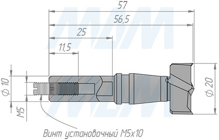 Размеры сверла чашечного D=20 мм, L=57 мм, RH серии Monolit (артикул 13010257)
