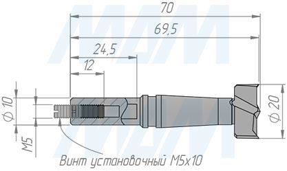 Размеры сверла чашечного D=20 мм, L=70 мм, RH серии Monolit (артикул 13010270)
