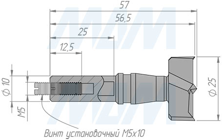 Размеры сверла чашечного D=25 мм, L=57 мм, RH серии Monolit (артикул 13010357)