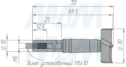 Размеры сверла чашечного D=30 мм, L=70 мм, RH серии Monolit (артикул 13010470)