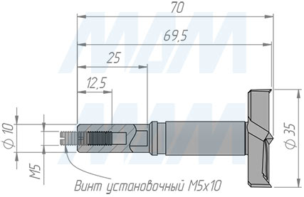 Размеры сверла чашечного D=35 мм, L=70 мм, RH серии Monolit (артикул 13010570)