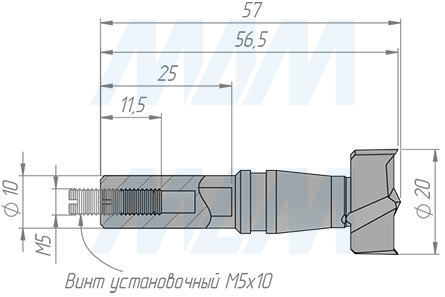 Размеры сверла чашечного D=20 мм, L=57 мм, LH серии Monolit (артикул 13020257)