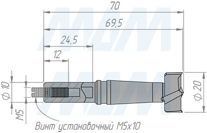 Размеры сверла чашечного D=20 мм, L=70 мм, LH серии Monolit (артикул 13020270)