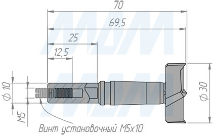 Размеры сверла чашечного  D=30 мм, L=70 мм, LH серии Monolit (артикул 13020470)