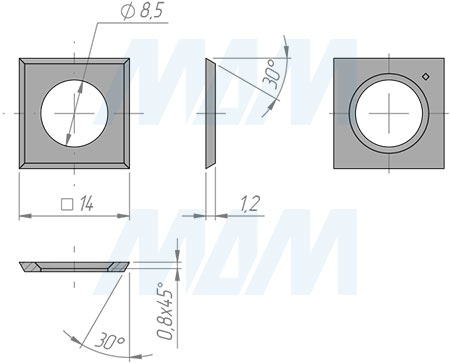Размеры сменной квадратной твердосплавной четырехсторонней пластины 14x14x1.2мм° FK08 (артикул 141412-58)