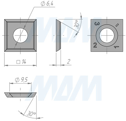 Размеры сменной квадратной твердосплавной четырехсторонней пластины 14x14x2мм 30° FK07(артикул 141420-04)