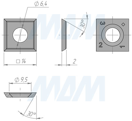 Размеры сменной квадратной твердосплавной четырехсторонней пластины  14x14x2мм 30° FK08 (артикул 141420-58)