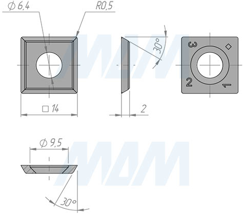 Размеры сменной твердосплавной пластины 14x14x2мм 30° фаска R=0,5,  FK08 (артикул 1414204R05-58)