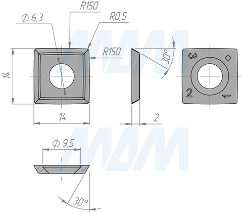 Размеры сменной твердосплавной пластины 14x14x2мм 30°, R=150, фаска R=0.5, FK08 (артикул 141420R1504R05-58)