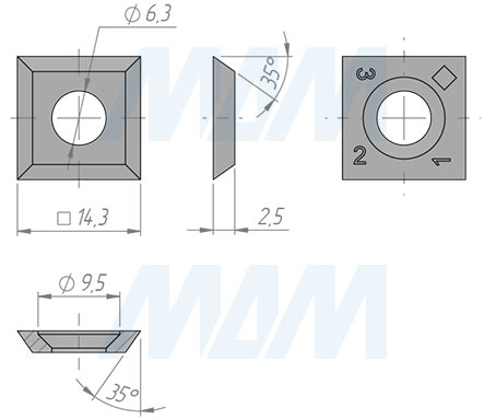 Размеры сменной квадратной твердосплавной четырехсторонней пластины 14.3x14.3x2.5мм 35° FK08 (артикул 14314325-58)