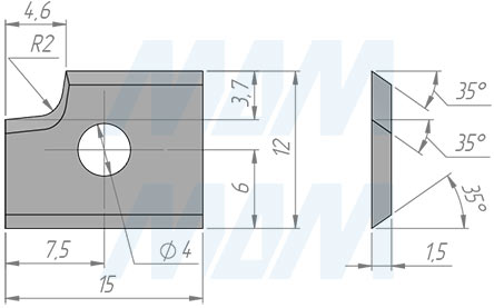 Размеры сменной твердосплавной пластины левой 15x12x1,5 R=2 (артикул 151215R2L-07)
