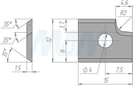 Размеры сменной твердосплавной пластины левой 15x12x1,5 R=2 (артикул 151215R2R-07)
