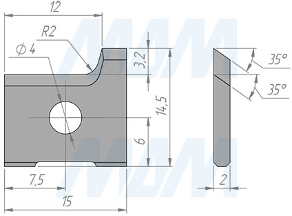 Размеры сменной твердосплавной пластины левой 15x14,5x2 R2 (артикул 151452R2L-07)