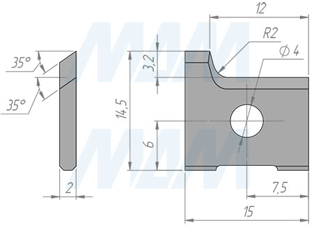 Размеры сменной твердосплавной пластины левой 15x14,5x2 R=2 (артикул 151452R2R-07)