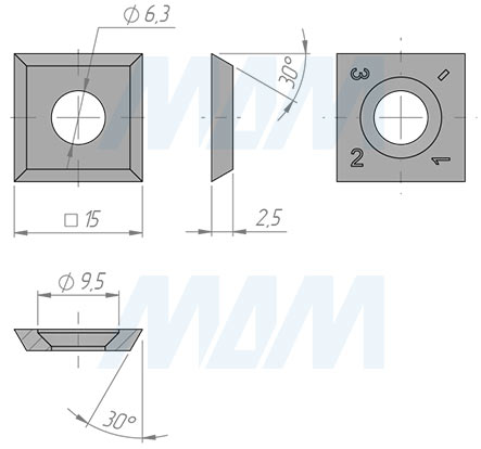 Размеры сменной квадратной твердосплавной четырехсторонней пластины 15x15x2.5мм 30° FK07 (артикул 15152530-04)