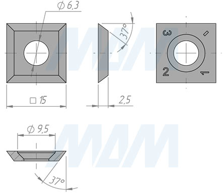 Размеры сменной квадратной твердосплавной четырехсторонней пластины 15x15x2.5мм 37° FK07 (артикул 15152537-04)