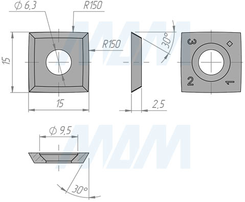 Размеры сменной твердосплавной пластины 15x15x2.5мм R=150, FK08 (артикул 151525R150-58)