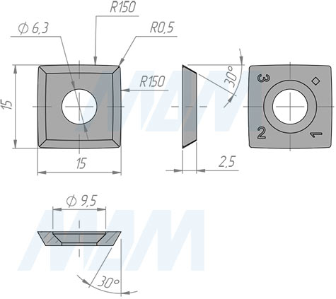 Размеры сменной твердосплавной пластины 15x15x2.5мм R=150, фаска R=0.5, FK08 (артикул 151525R1504R05-58)