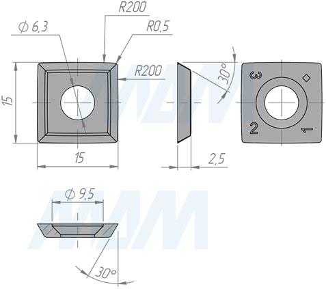 Размеры сменной твердосплавной пластины 15x15x2.5 R=200, фаска R=0.5, FK08 (артикул 151525R2004R05-58)