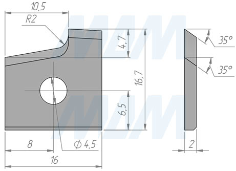 Размеры сменной твердосплавной пластины левой 16x16,7x2 R=2 (артикул 161672R2L-07)