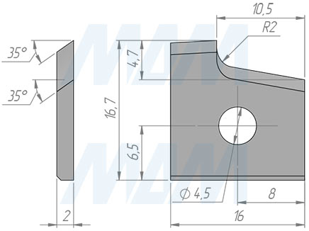 Размеры сменной твердосплавной пластины правой 16x16,7x2 R=2 (артикул 161672R2R-07)