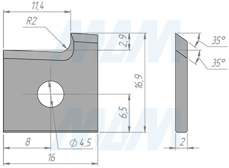 Размеры сменной твердосплавной пластины левой 16x16,9x2 R=2 (артикул 161692R2L-07)