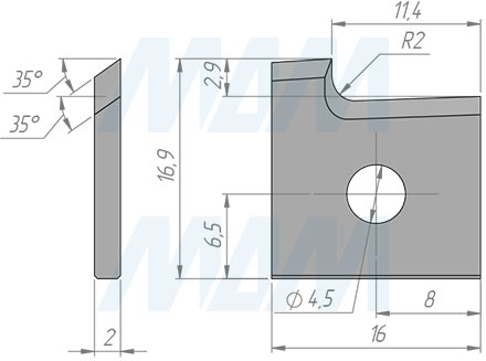Размеры сменной твердосплавной пластины правой 16x16,9x2 R=2 (артикул 161692R2R-07)