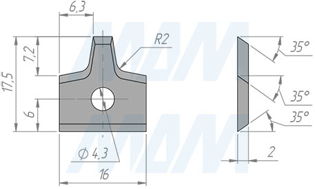 Размеры сменной твердосплавной пластины 16x17,5x2 R2 (артикул 161752R2-07)