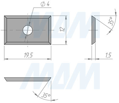 Размеры сменной твердосплавной четырехсторонней пластины 19.5x12x1.5мм 35°,  FK08 (артикул 1951215-58)
