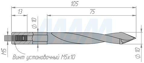 Размеры сквозного сверла, D=10 мм, L=105 мм, RH серия Professional (артикул 200103105)