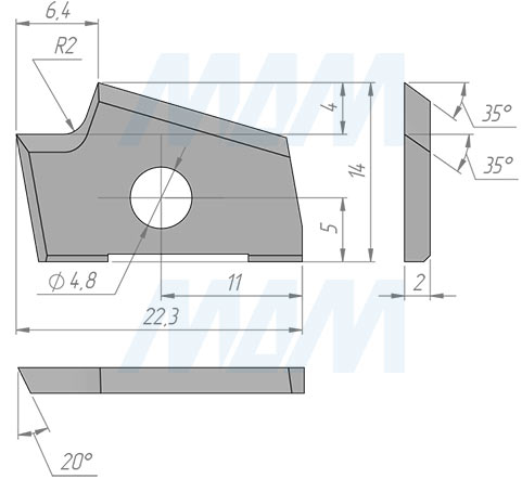 Размеры сменной твердосплавной пластины левой 22,3x14x2 R2 (артикул 2231420R2L-07)