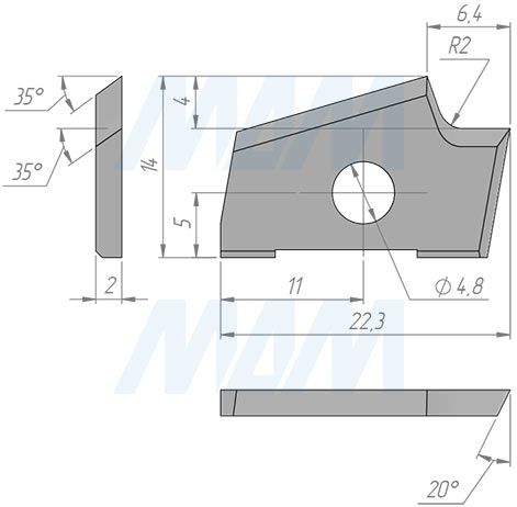 Размеры сменной твердосплавной пластины правой  22,3x14x2 R2 (артикул 2231420R2R-07)