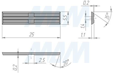 Размеры сменной твердосплавной четырехсторонней пластины 25x5.5x1.1мм 35°, FK07 (артикул 255511-04)