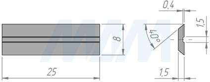 Размеры сменной твердосплавной двухсторонней пластины 25x8x1,5мм, 40°, FK07 (артикул 25815-04)