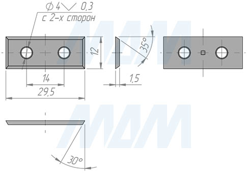 Размеры сменной твердосплавной четырехсторонней пластины 29.5x12x1.5мм 35°, FK08 (артикул 2951215-58)