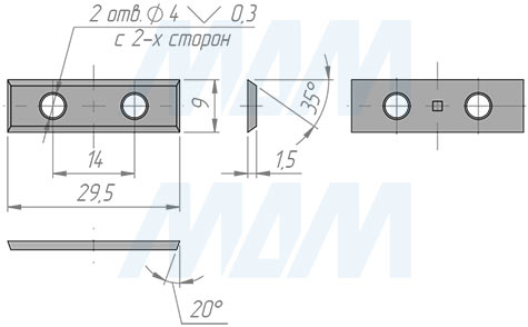 Размеры сменной твердосплавной четырехсторонней пластины 29.5x9x1.5мм 35°, FK08 (артикул 295915-58)