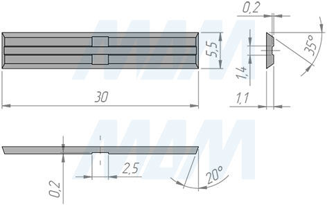 Размеры сменной твердосплавной двухсторонней пластины 30x5.5x1,1мм 35°, FK07 (артикул 305511-04)