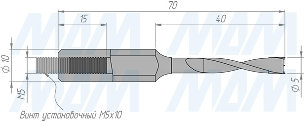 Размеры глухого сверла, D=5мм, L=70мм, RH (артикул 33010170)