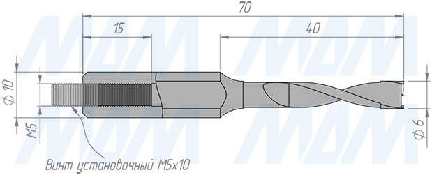 Размеры глухого сверла, D=6мм, L=70мм, RH (артикул 33010270)